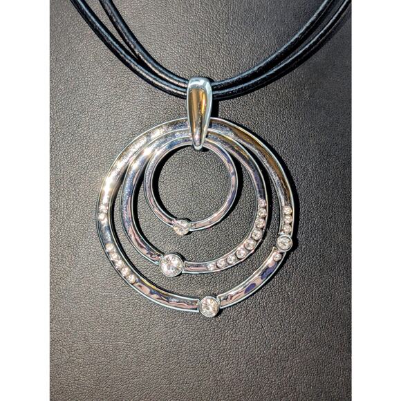 Chico's NWT Black Corded Hammered Silver Tone Rhinestone Circle Pendant Necklace - Picture 3 of 6